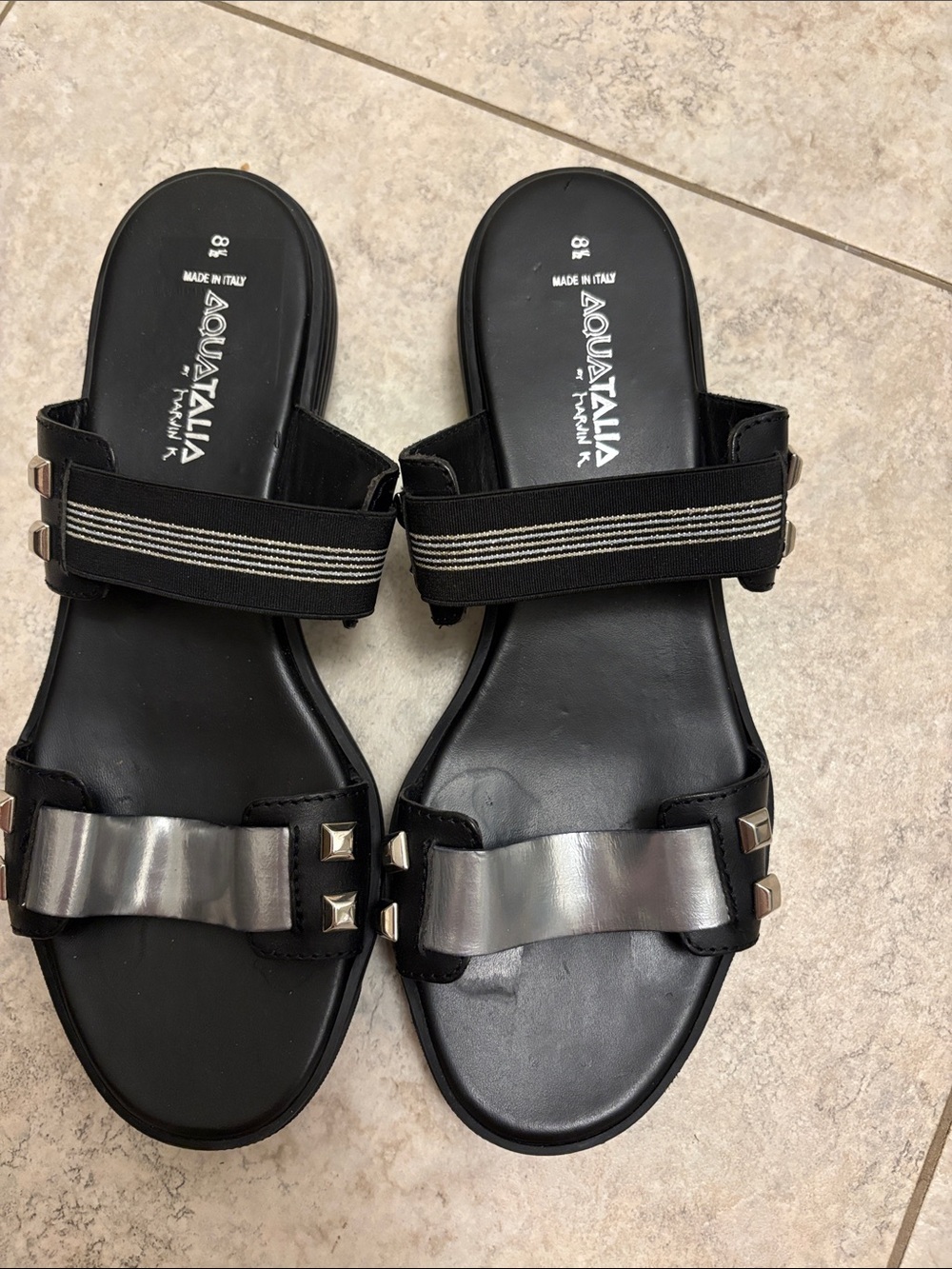 AQUATALIA Black Leather Slide Sandals with Silver Accent